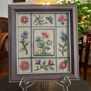 Vintage Handmade Crewel Embroidery Floral Sampler